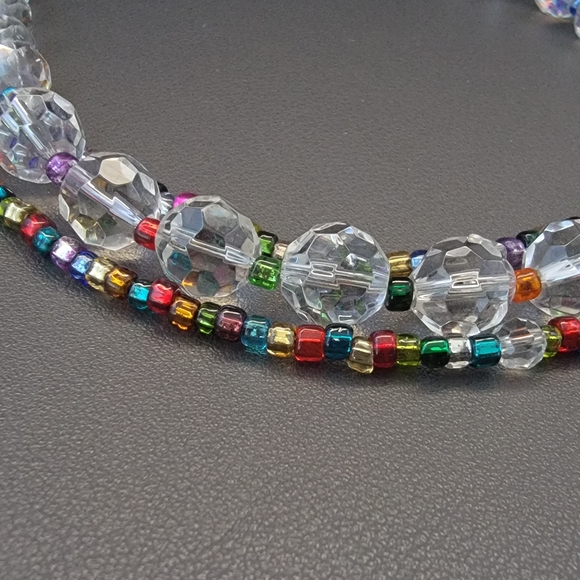 Handmade Multicolor Seed Bead & Clear Crystal Necklace | 3-Strand Beaded Choker - Picture 3 of 5